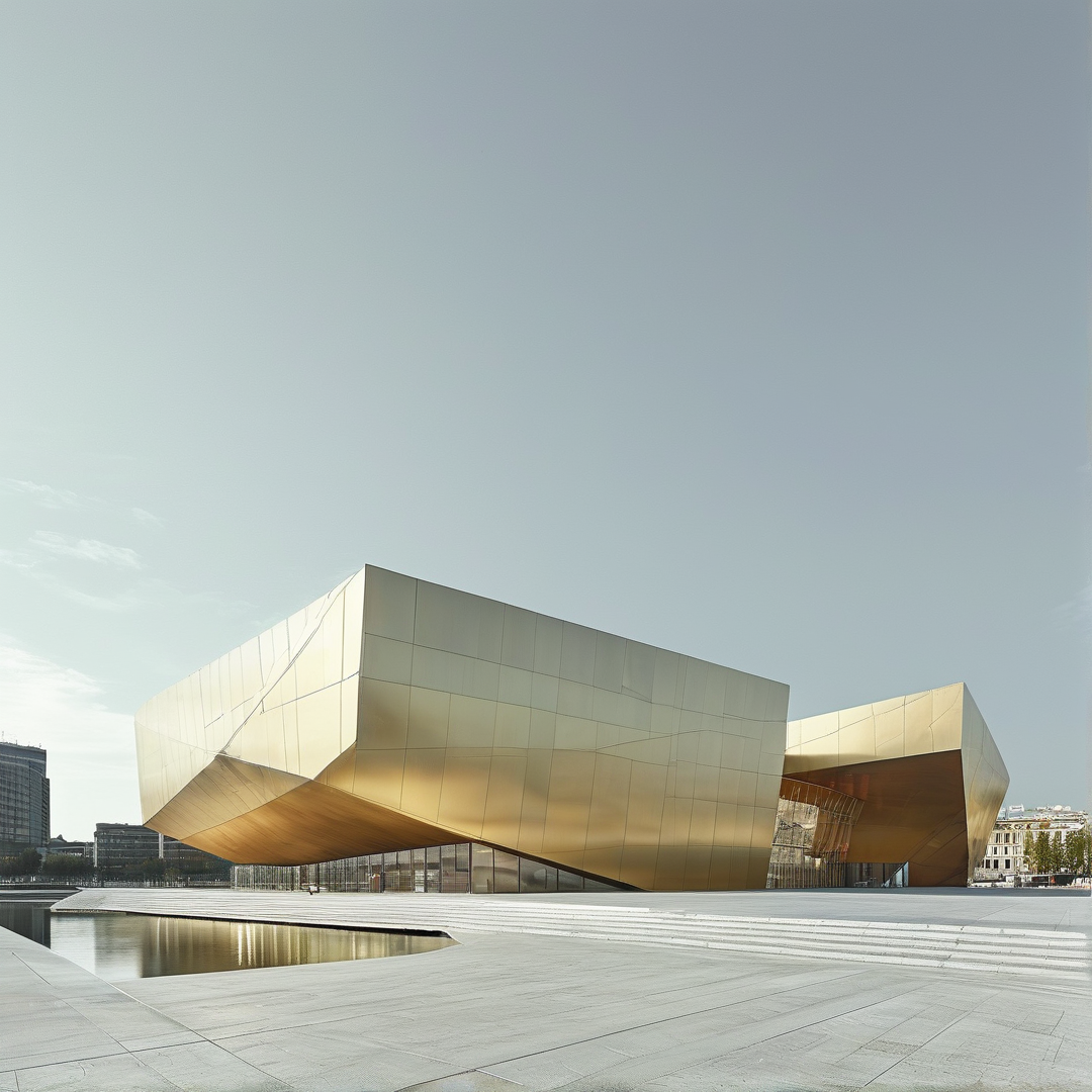 Faceted golden contemporary building rests on a light paved public plaza under clear pale daytime sky, its glow reflected in a foreground shallow water channel.