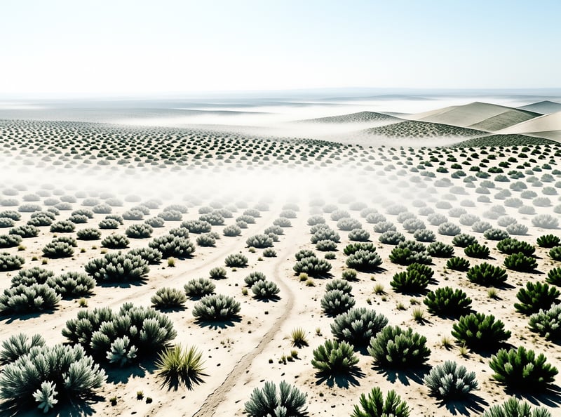Rows of small green bushes speckle pale sand as low fog drifts between dunes under a washed out sky.