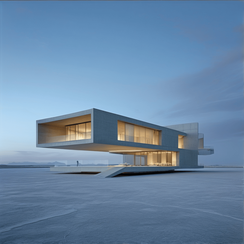 A sleek modern concrete building with glowing windows sits on a vast grey expanse under a fading blue sky.