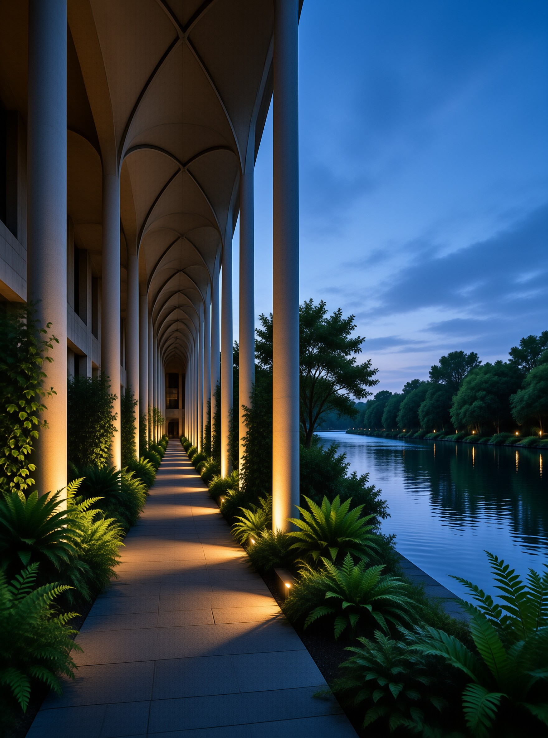 A long illuminated colonnade runs beside a calm river under a deep blue evening sky.