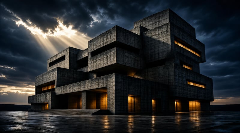 Brutalist Concrete Building at Dusk