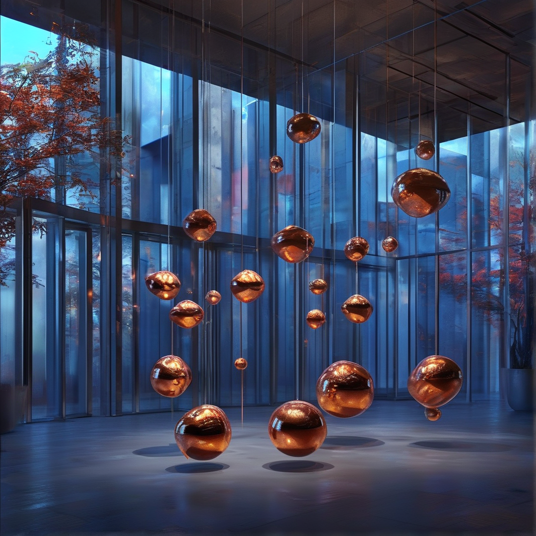 Shiny copper balls float in a large room with floor to ceiling windows showing autumn trees outside.