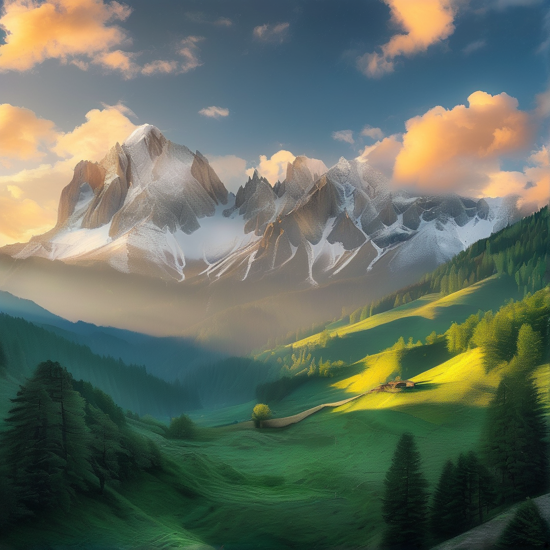 Sunlit Alpine Mountain Valley