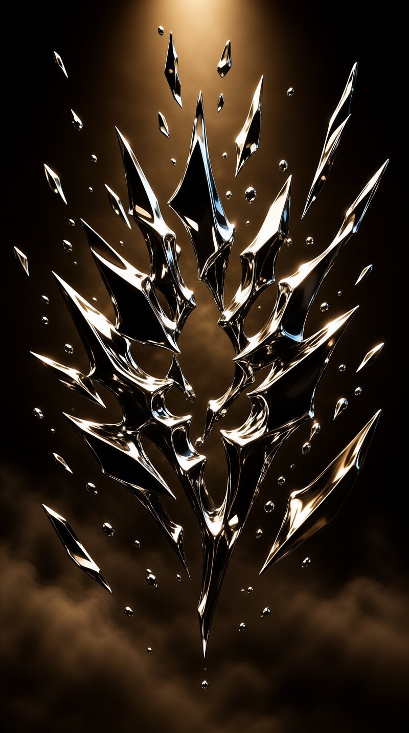 A shiny silver structure with sharp spikes floats against a dark brown background with small droplets suspended in light.