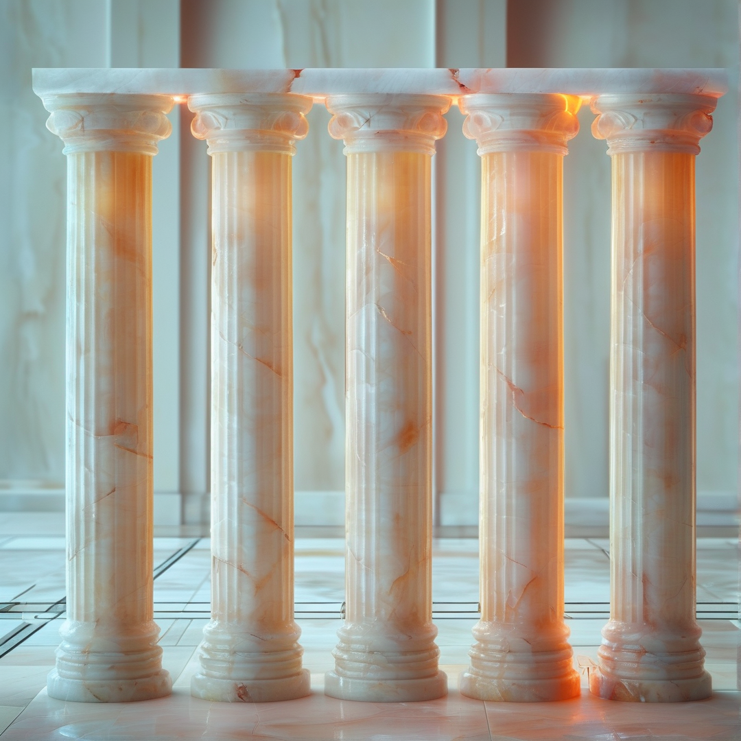 Five stone columns stand in a bright hall with warm orange light shining from behind their marble surfaces.