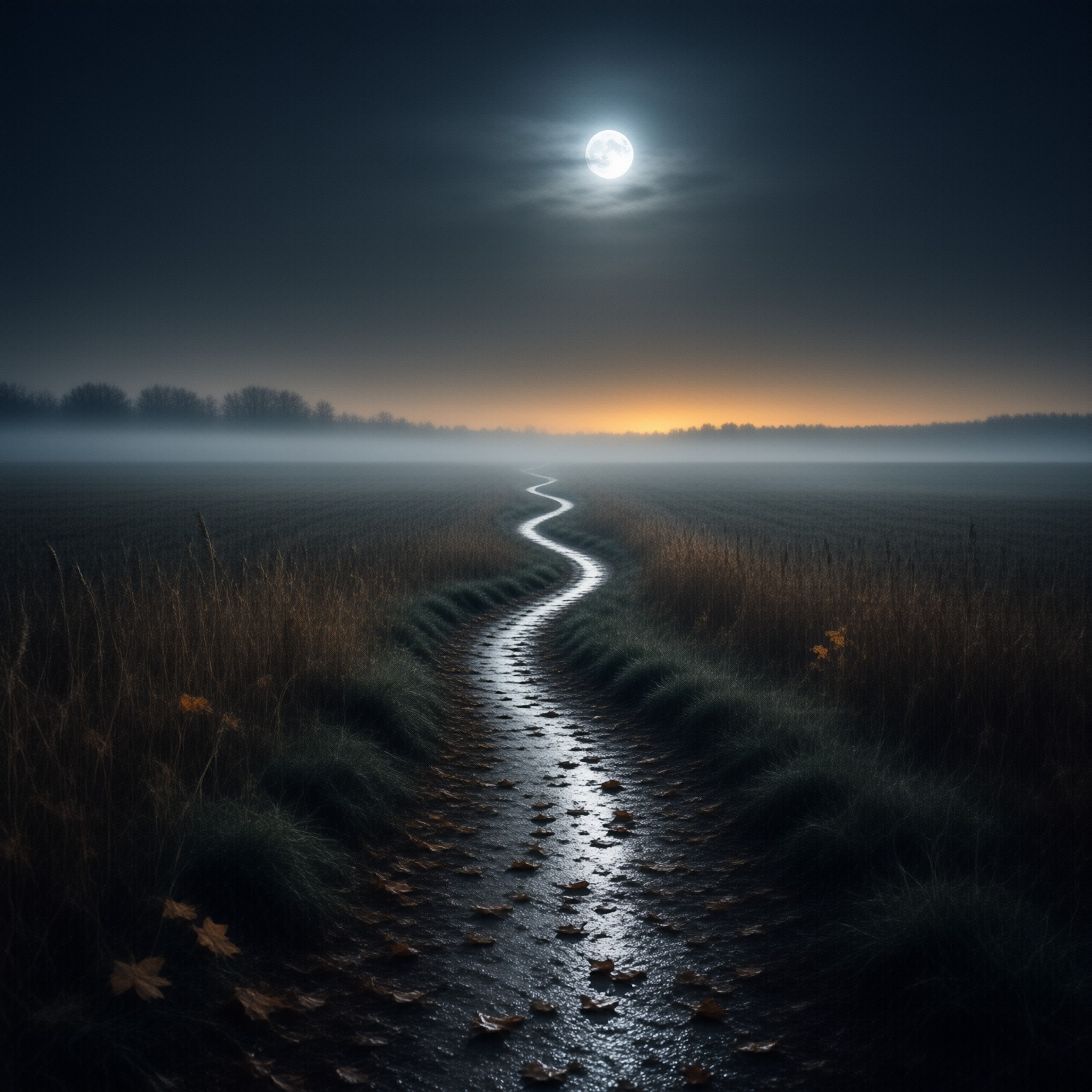 A wet dirt track winds through a misty field at night, reflecting the bright full moon and orange horizon glow.