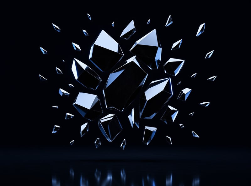 A cluster of sharp geometric crystal fragments hovers against a pitch black backdrop while bright blue highlights catch their faceted edges and cast soft reflections on the glossy surface below.