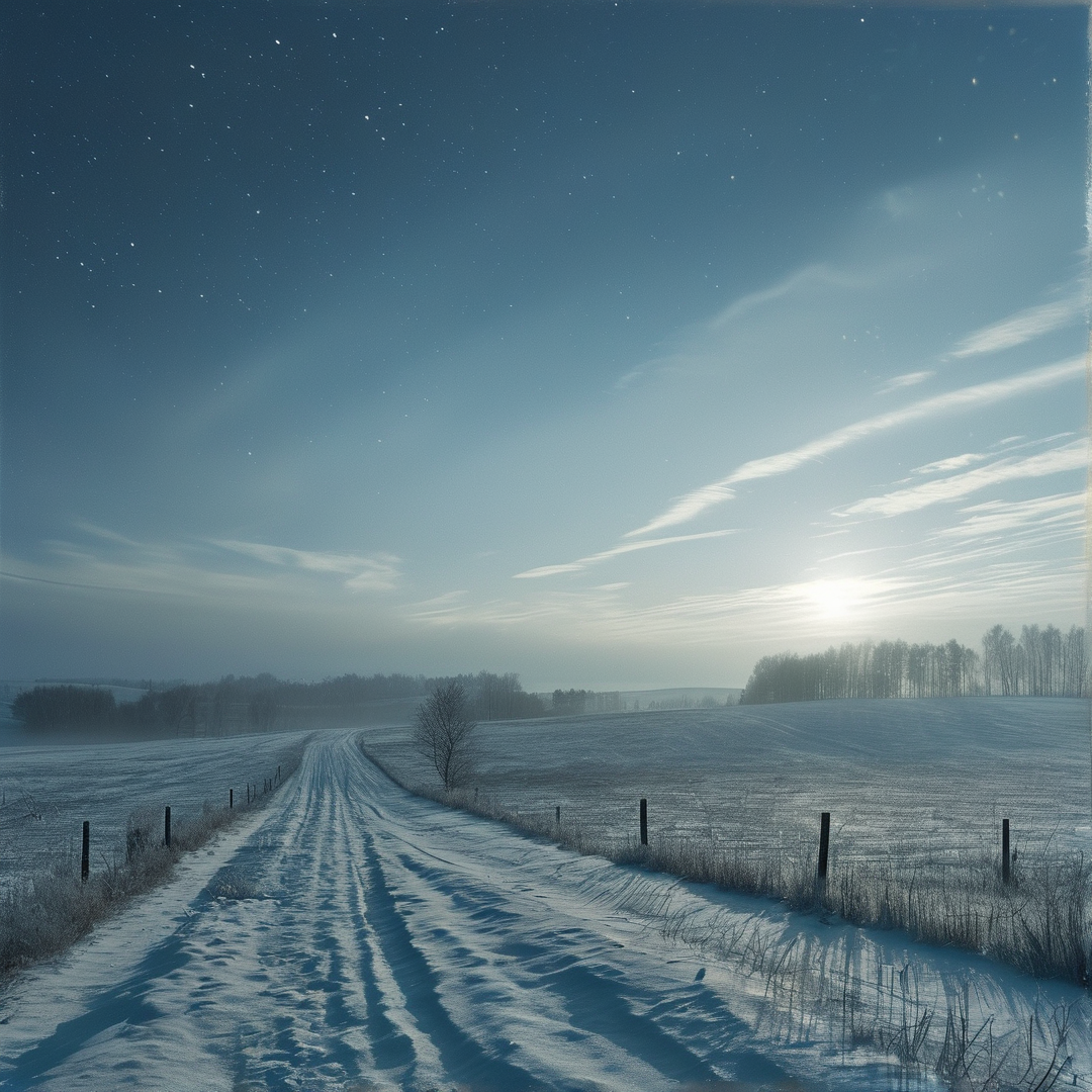 A snowy path curves through frozen fields under a bright sky dotted with faint stars near the horizon.