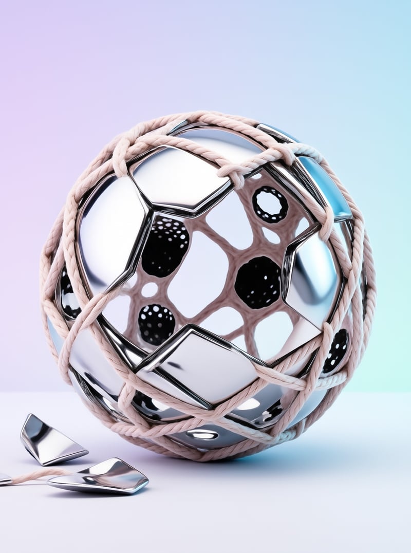 A chrome football bound by pink rope rests on a white table with loose fragments lying in the foreground.