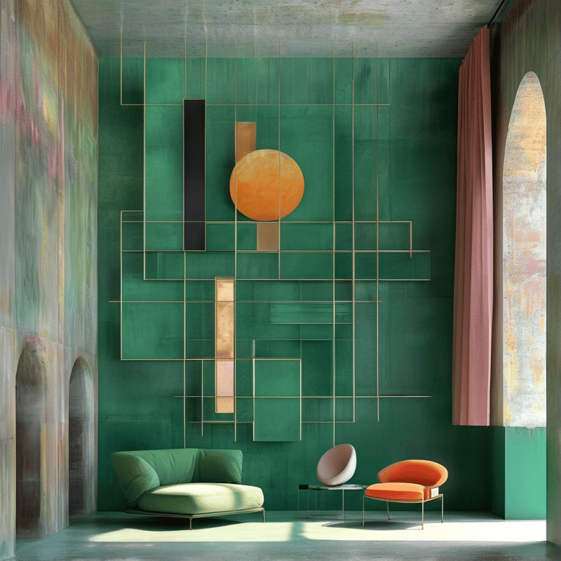 Emerald interior with abstract gold line shelving and colorful seating bathed in soft natural light from an arched window.