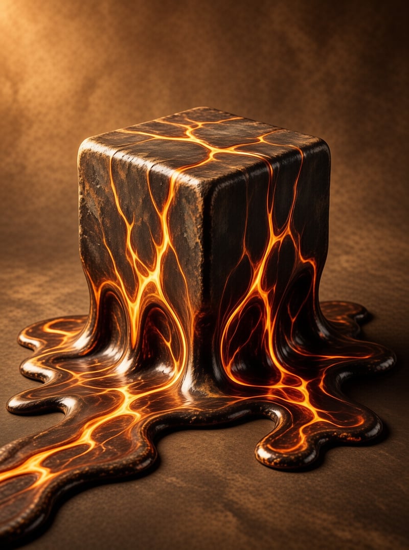 A dark cube with glowing orange veins is melting into a puddle on a brown surface.