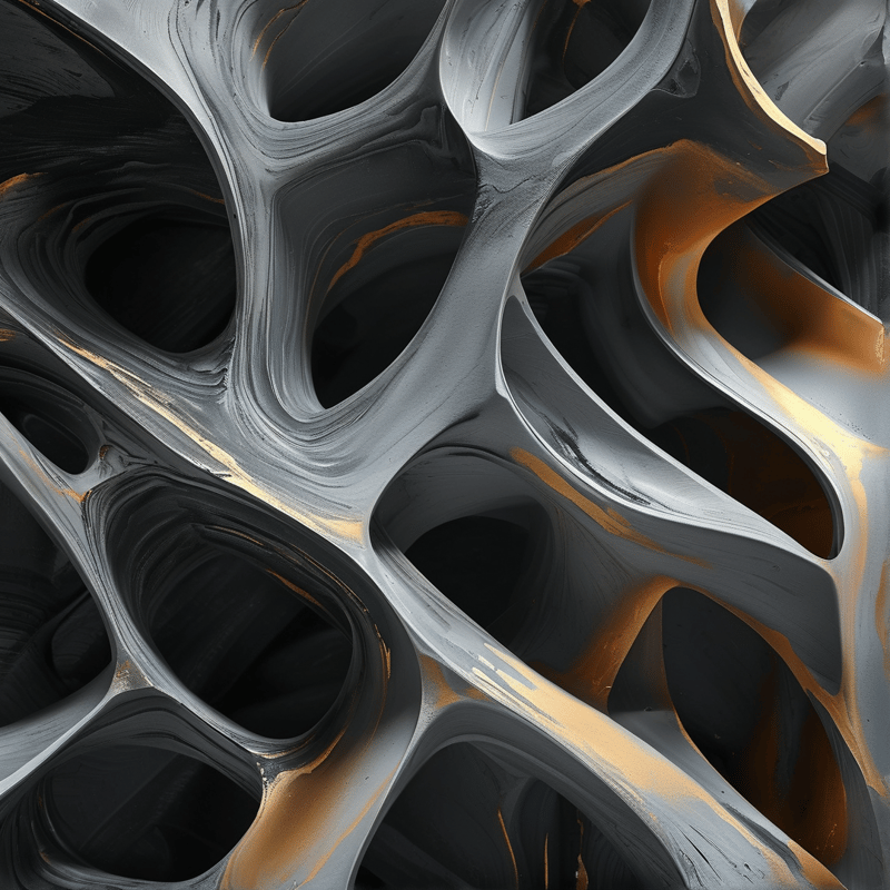 Glossy dark grey organic cells form an undulating lattice traced with streaks of warm amber light.