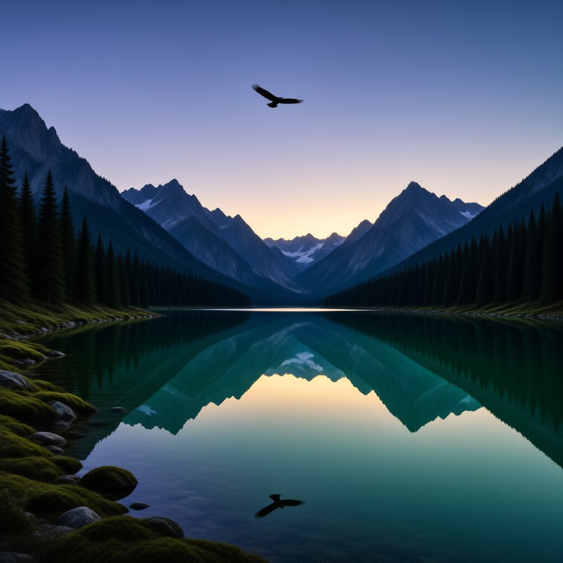 A large bird flies high above a still mountain lake that perfectly reflects the surrounding peaks and twilight sky.