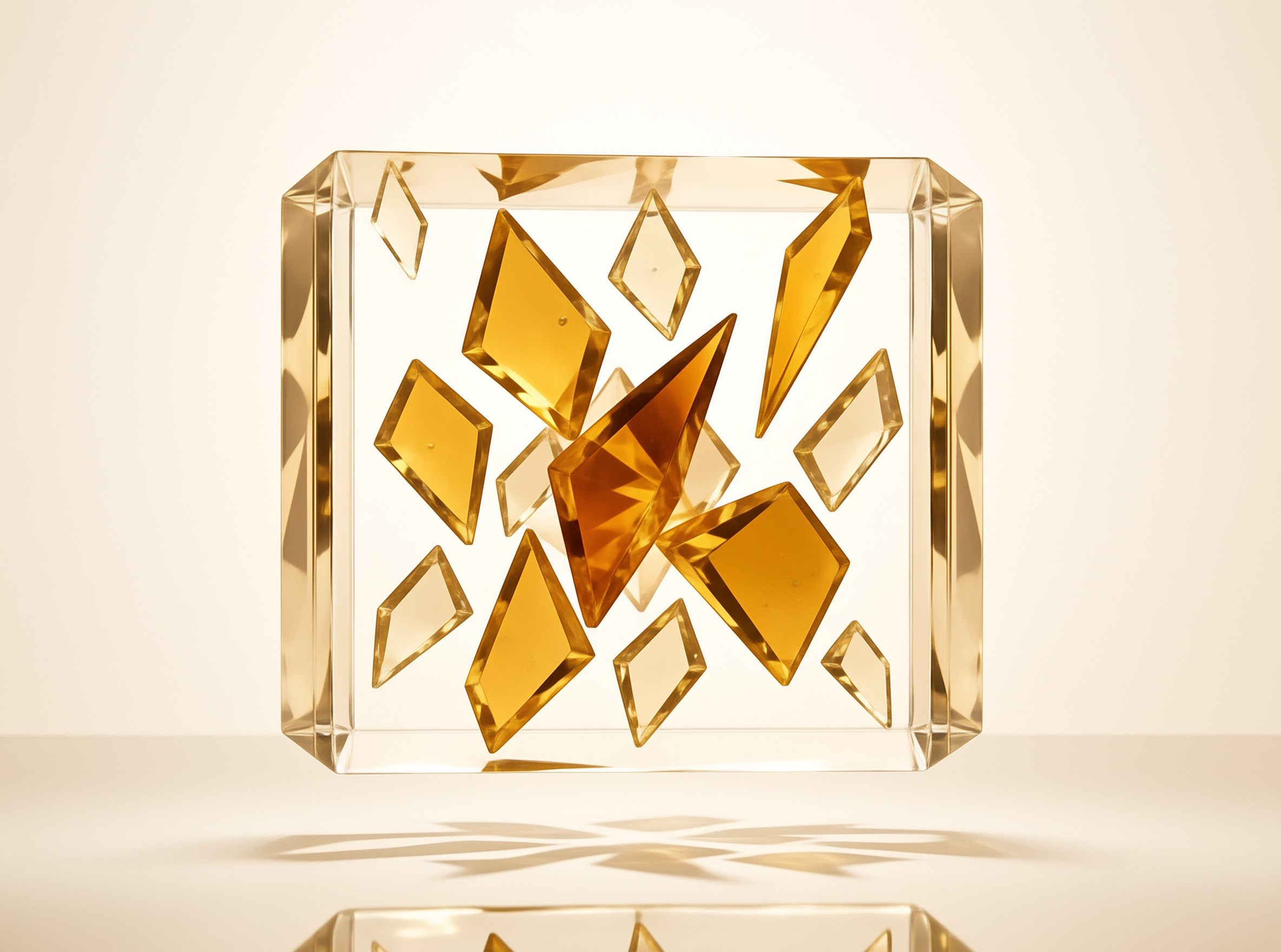 Golden Shards in Glass Cube