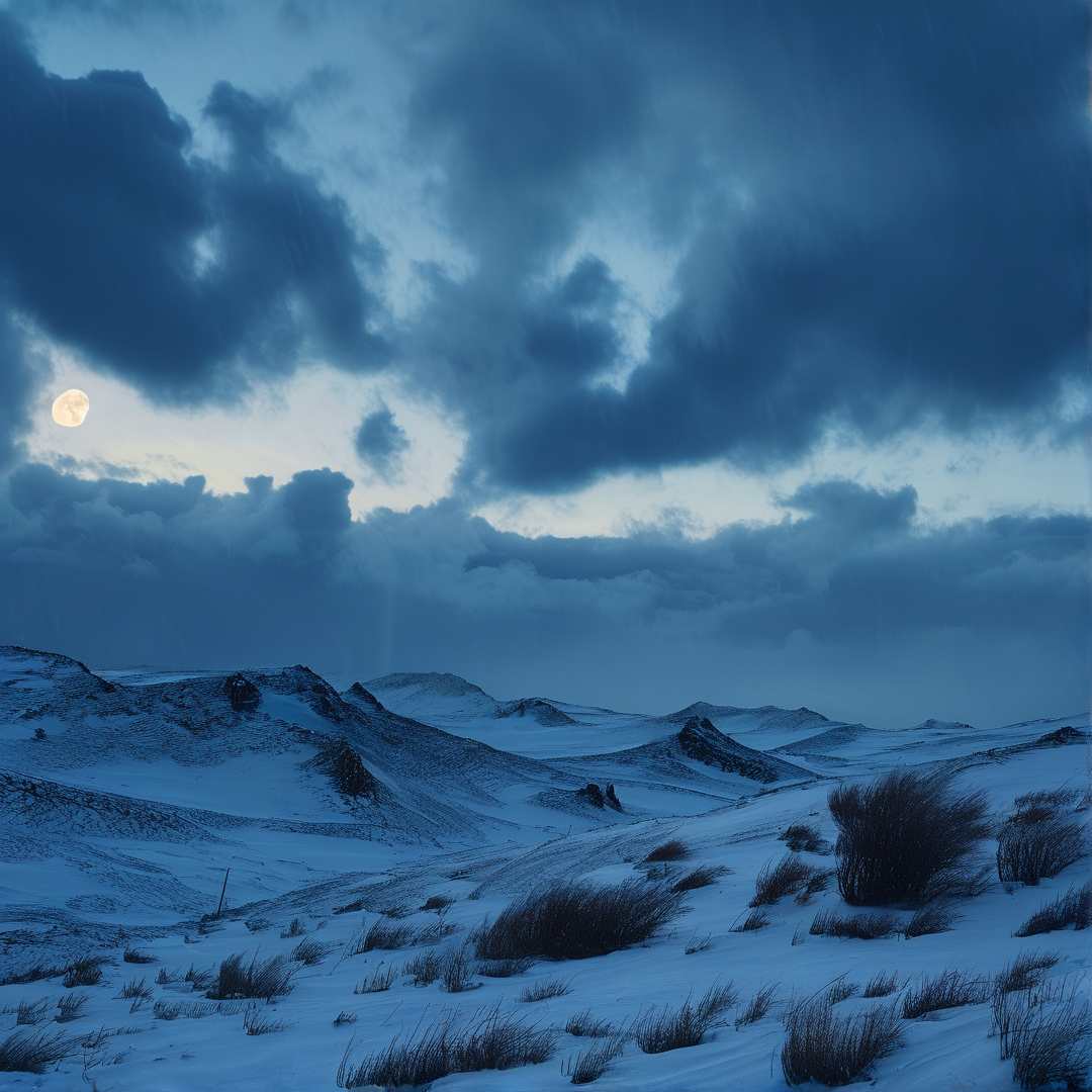 Full moon glows through dark storm clouds over snow-covered desert hills scattered with dry scrub brush under cold blue twilight light.