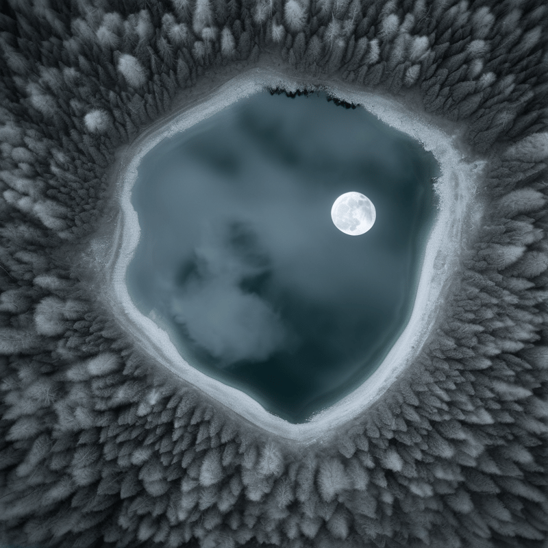 An aerial view of a frozen pond surrounded by snow-covered trees with a bright full moon shining on the ice.