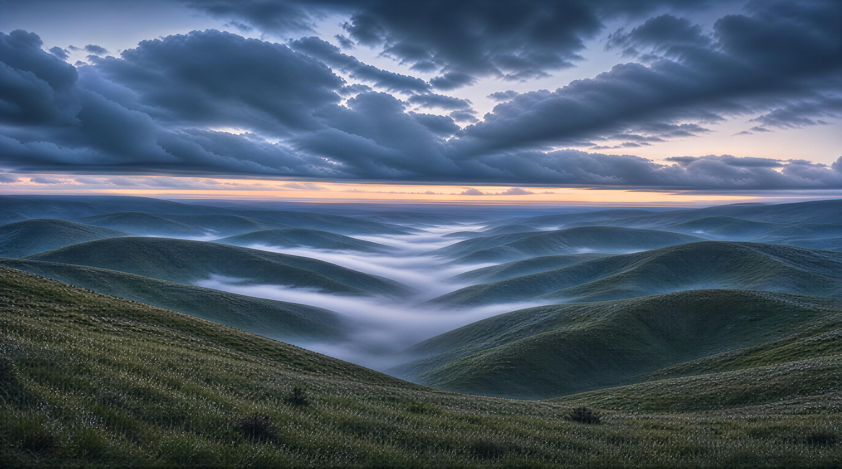 Rolling Hills with Mist and Clouds