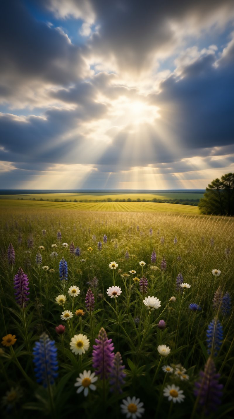 Sunlight Over Wildflower Field