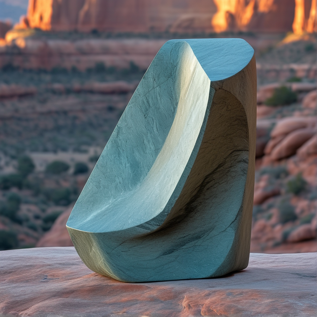 A curved teal sculpture sits on a wooden platform with blurred red rock formations in the background