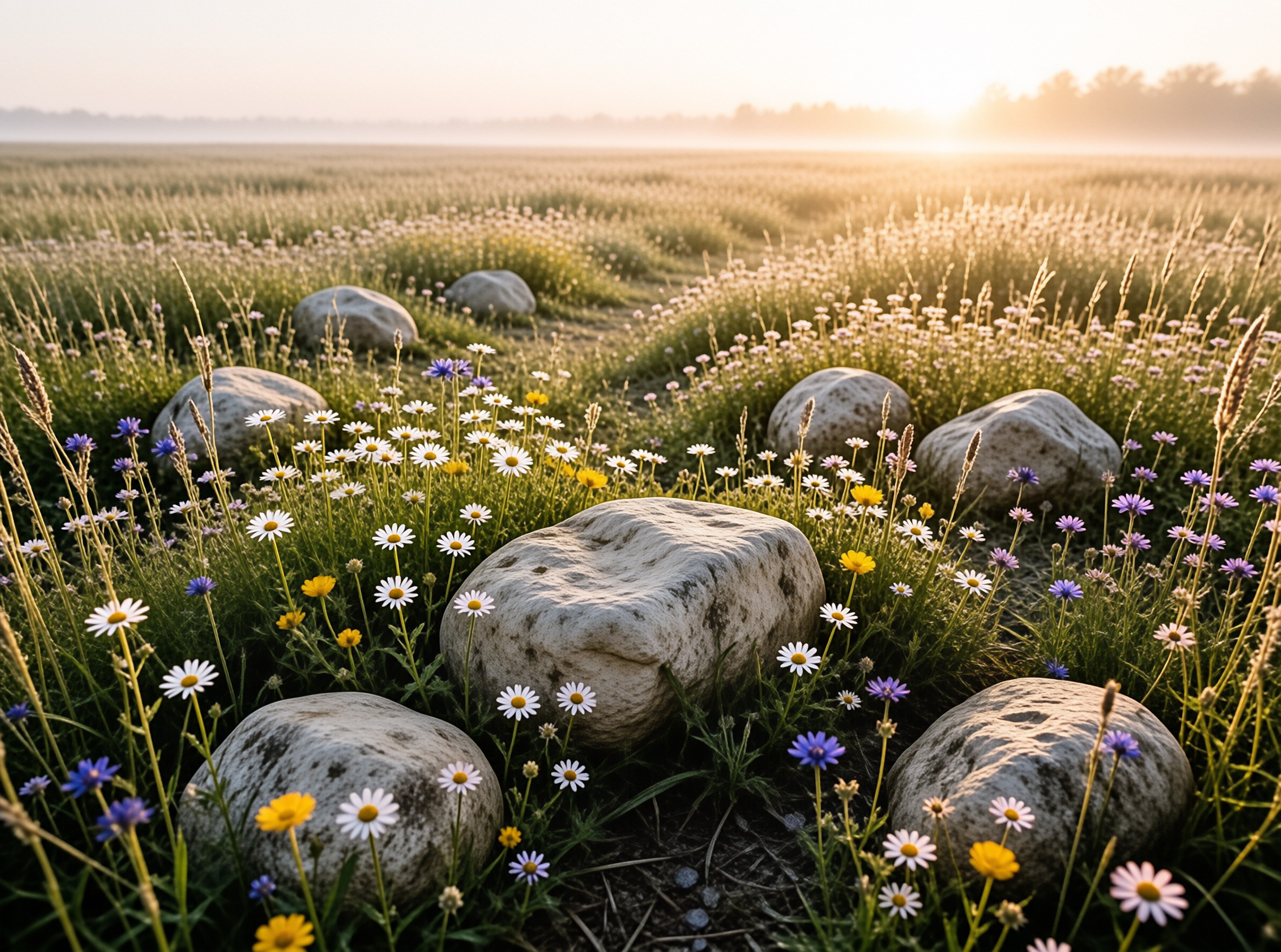 Golden Hour Stone and Flower Meadow