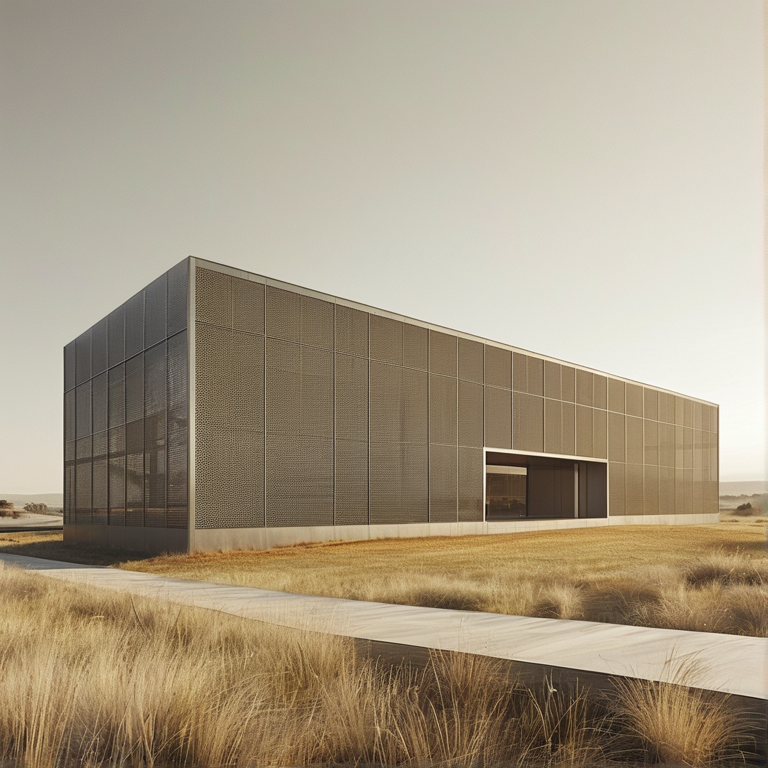A long bronze screened gallery sits alone among dry grasses beneath a wide hazy sky at dusk.