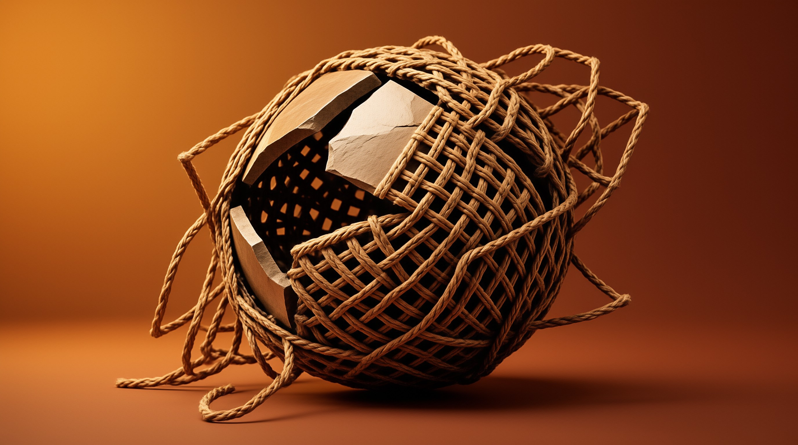 A cracked hollow stone sphere sits in warm orange studio, half wrapped in loose natural rope netting with trailing strands.