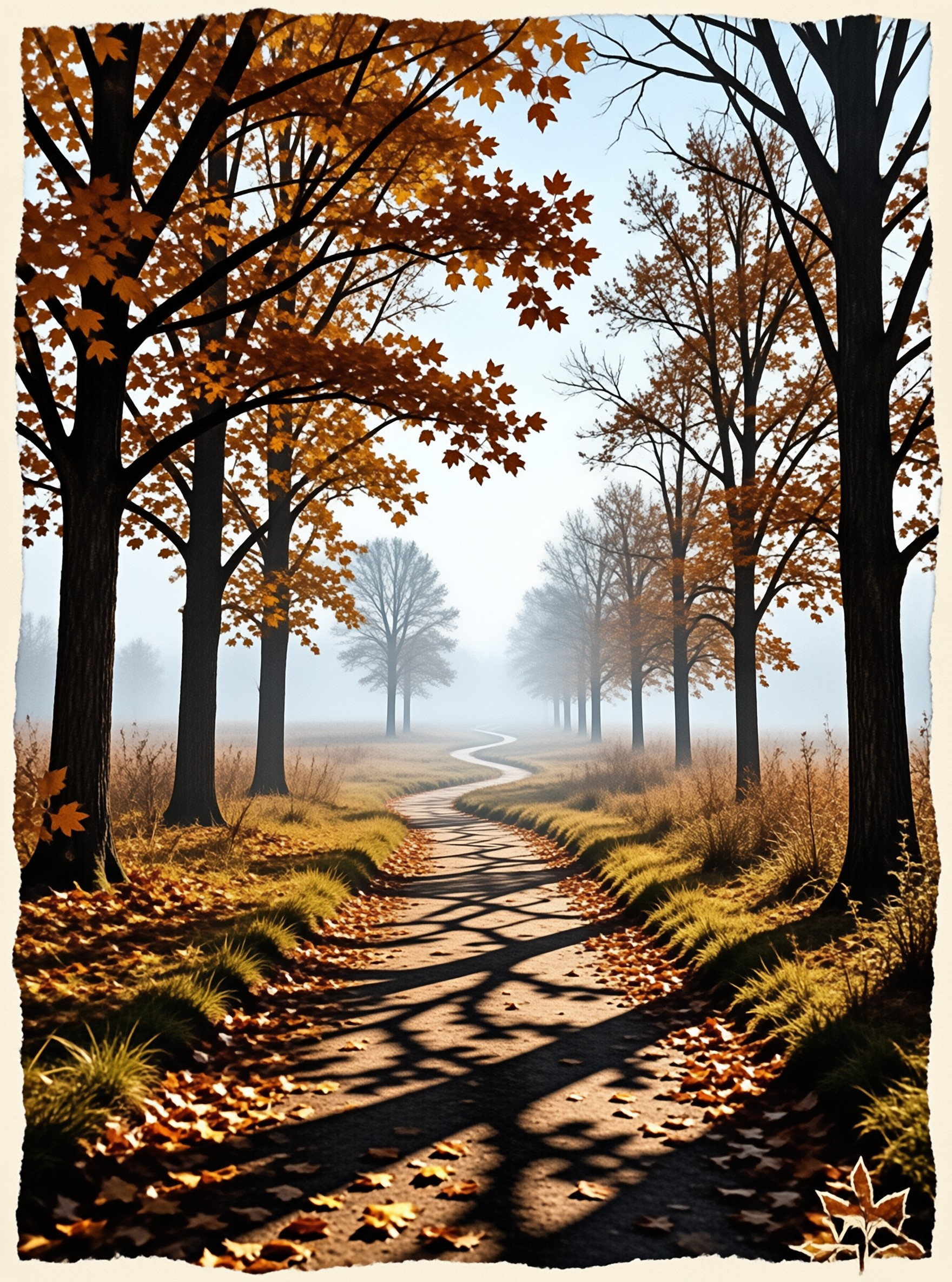 A dirt road curves away into the fog surrounded by tall trees shedding orange leaves under morning sun.