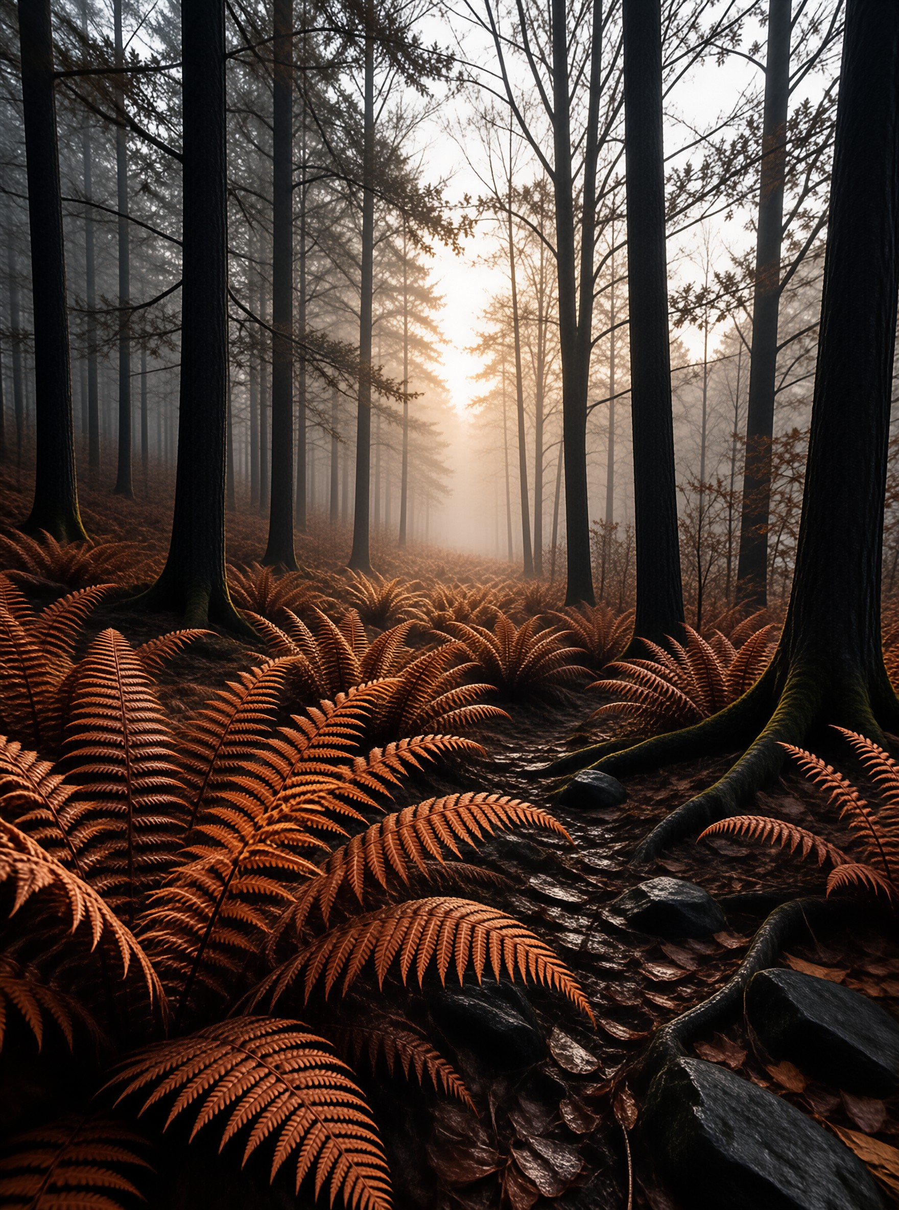 Misty Forest with Golden Ferns