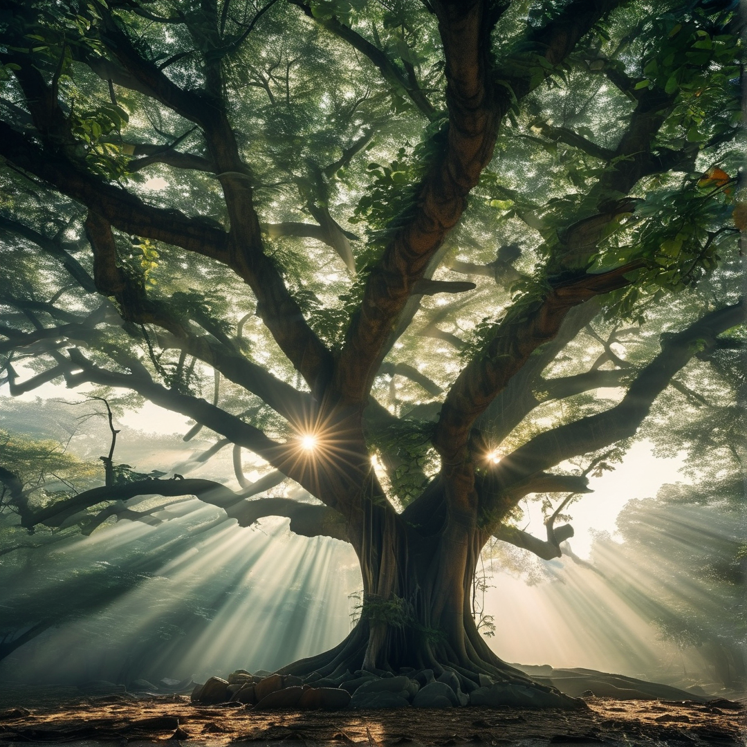 Ancient Tree with Sunbeams