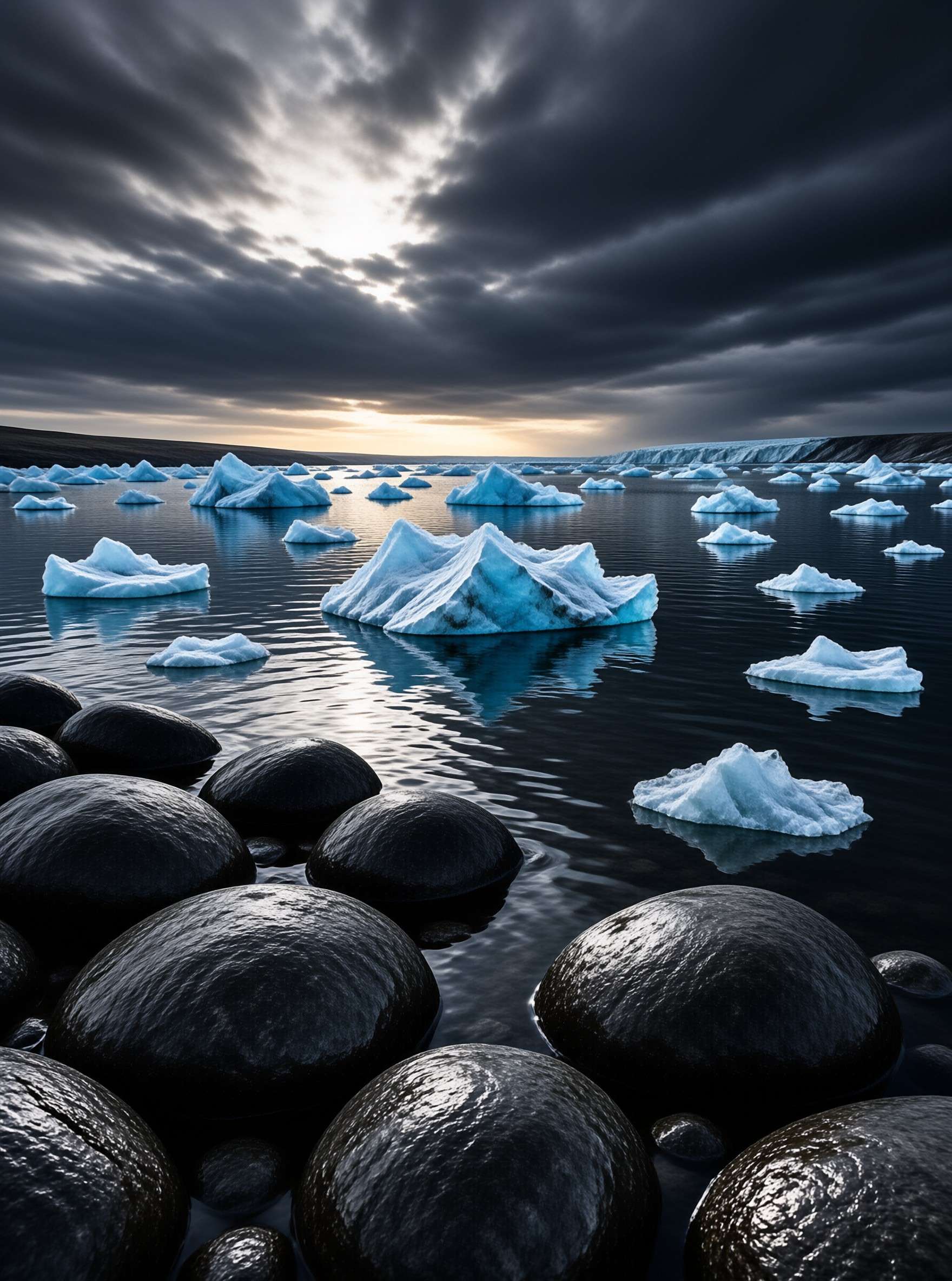 Icebergs on Black Stones