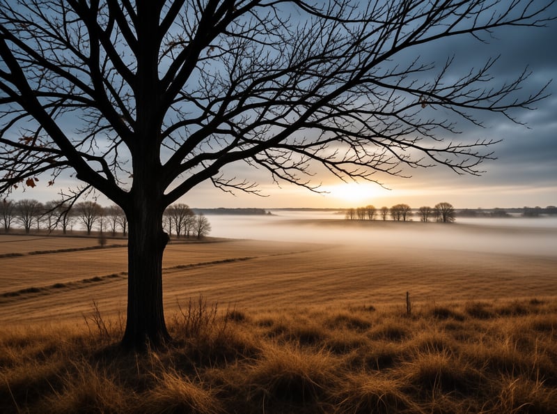 A dark tree stands alone in a field where low fog catches the warm light of dawn breaking over the distant hills.