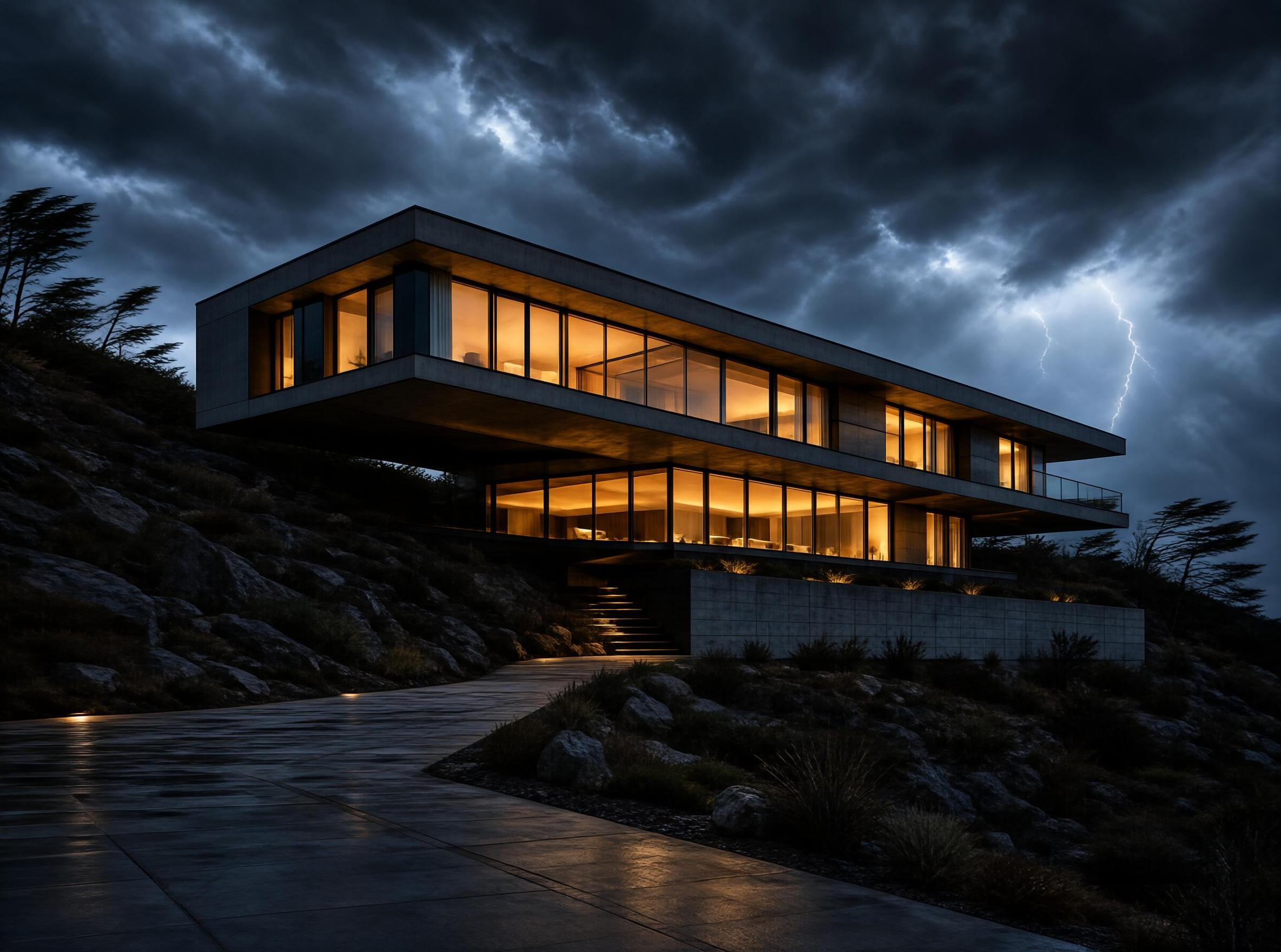 Modern Cantilever House in Stormy Night