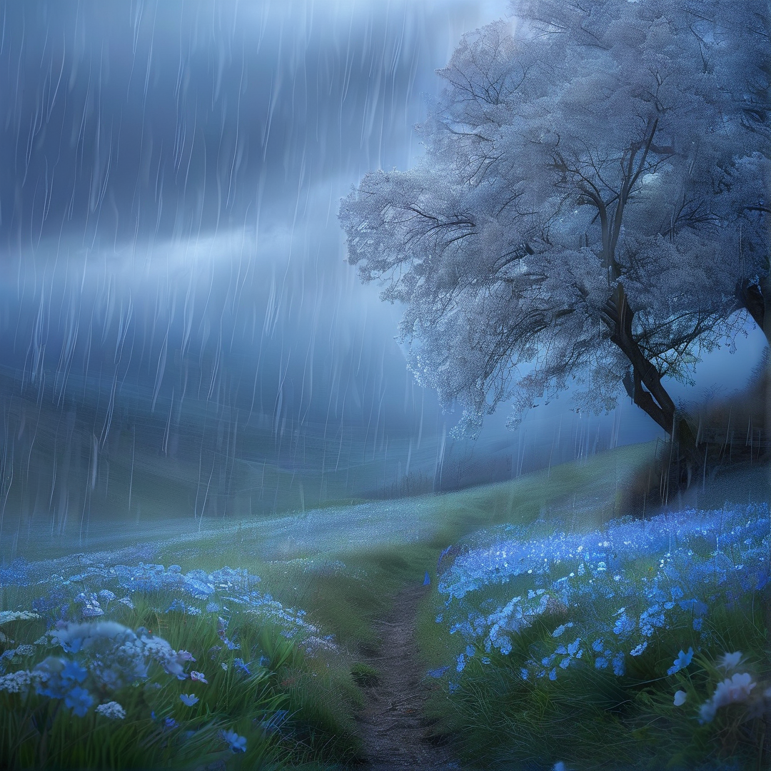 Rainy Blue Flower Field