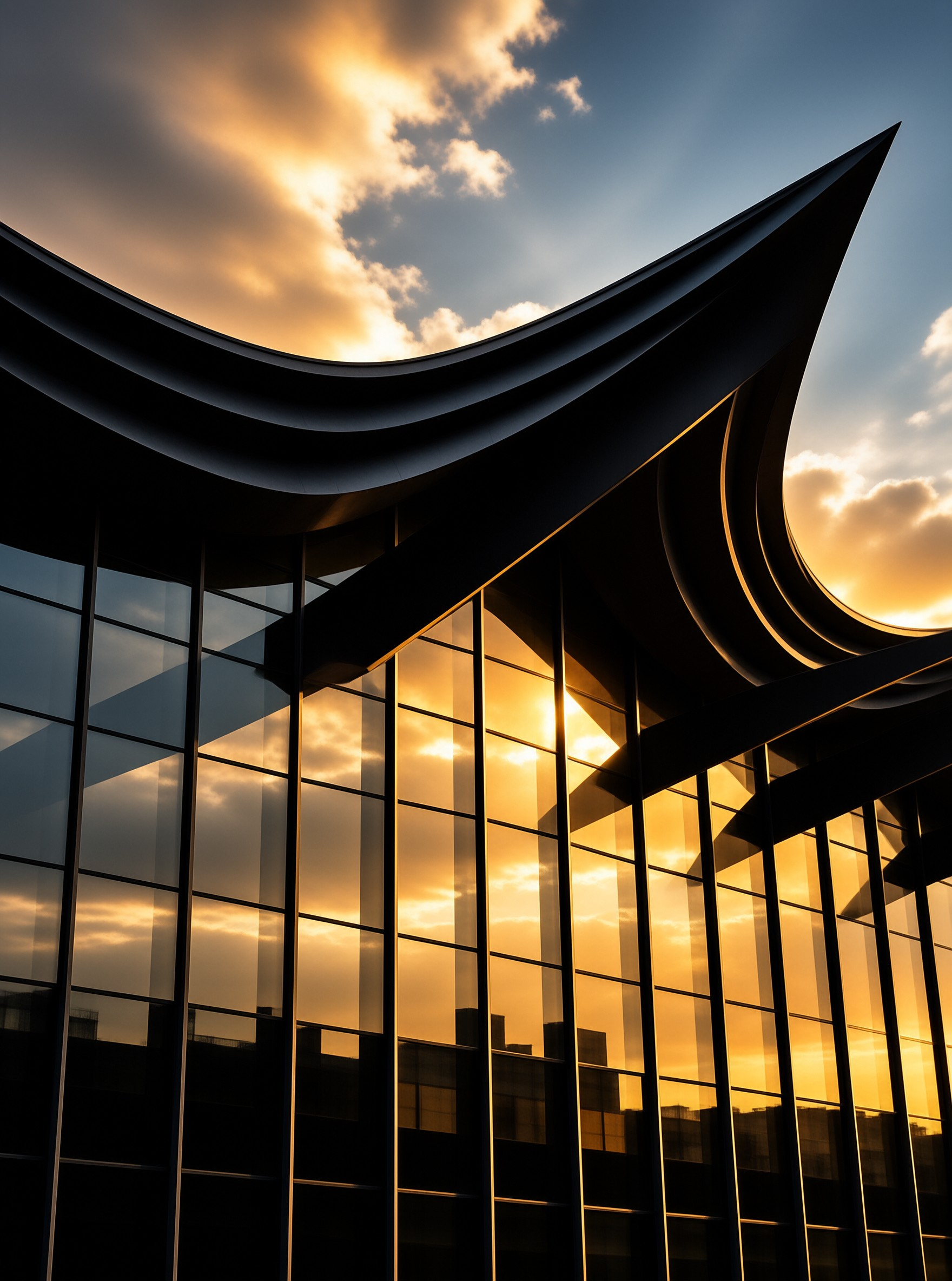A sweeping dark canopy crowns a curtain wall that mirrors orange sunset clouds and a distant skyline