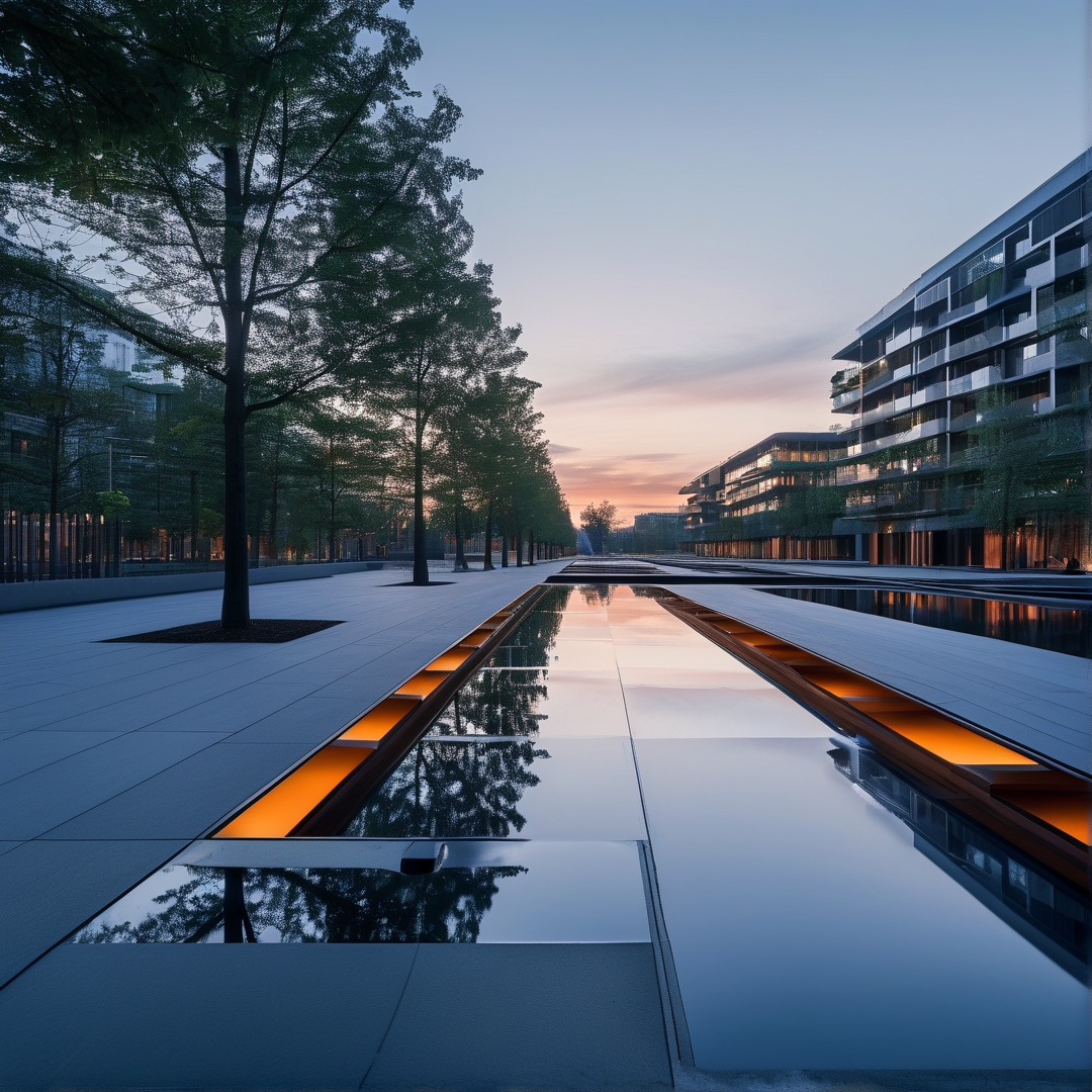 A long reflecting pool in a modern plaza mirrors the twilight sky and warm orange lights between trees and buildings.