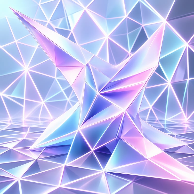 A sharp iridescent fragment stands out against a tessellated background of neon blue and pink triangles.