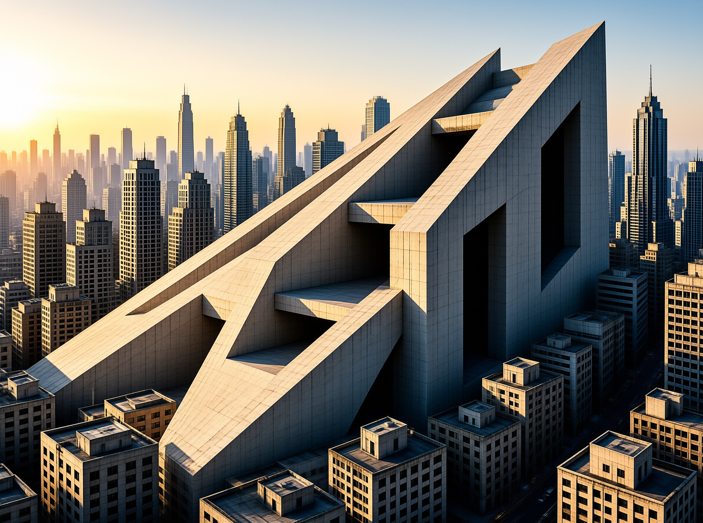 A sharp wedge shaped concrete building rises over a hazy city skyline glowing in sunset light