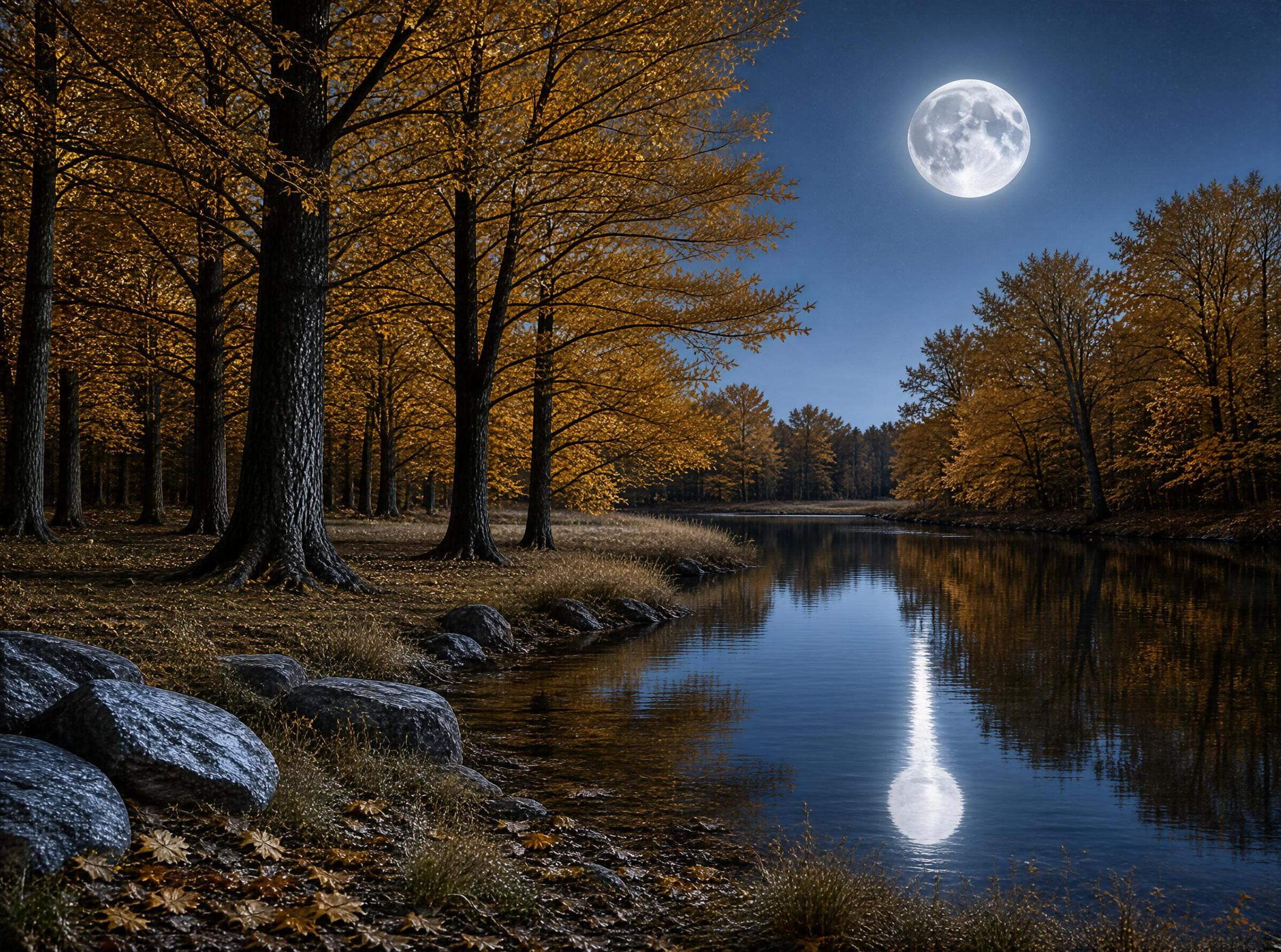 Autumn Night by the Lake with Full Moon