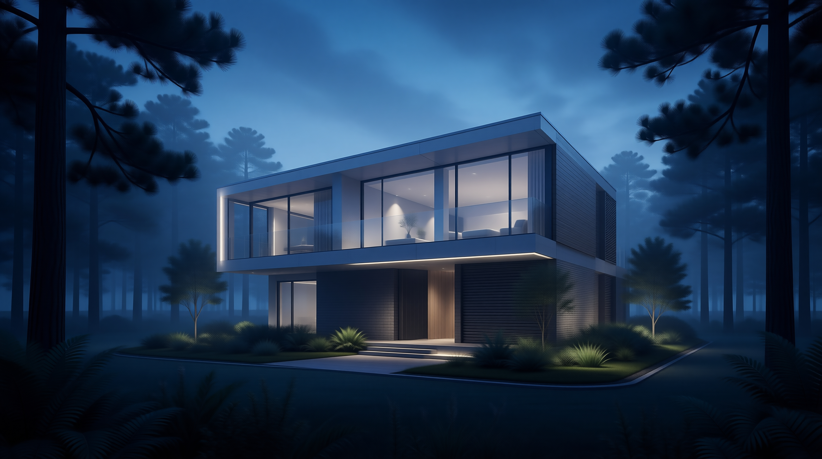 Modern Forest House at Night