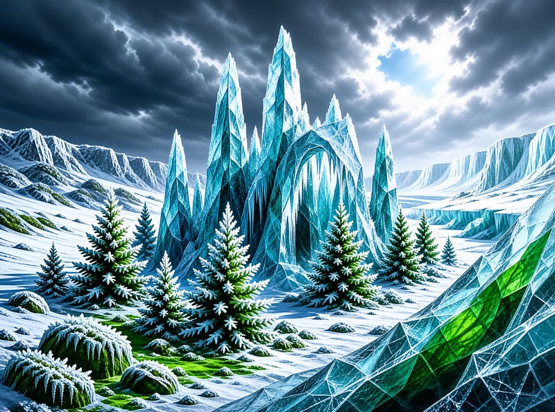 Large blue ice structures rise from a snowy landscape dotted with frosted pine trees beneath a dramatic cloudy sky.