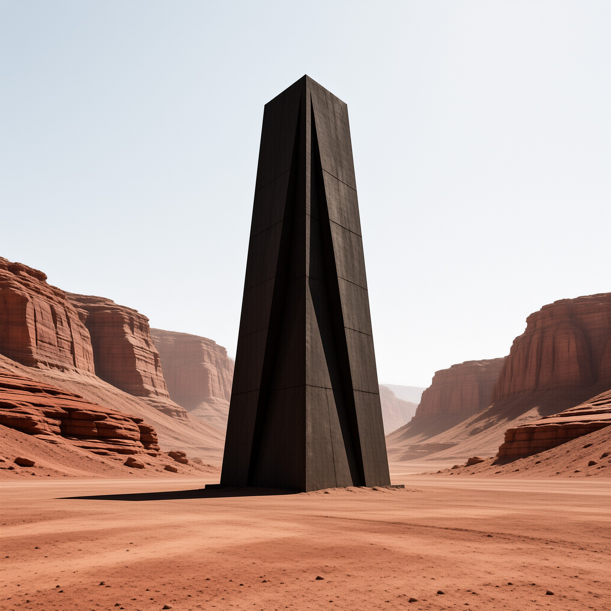A tall dark geometric structure rises from the sandy ground surrounded by reddish canyon walls beneath a pale washed-out sky.