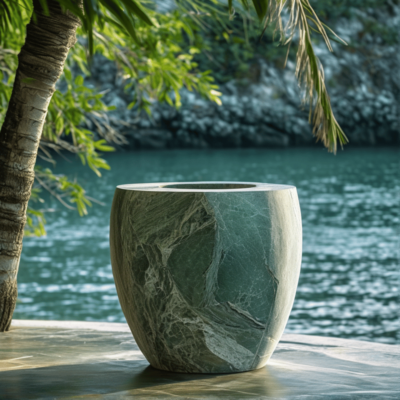 A large green marble bathtub sits outdoors next to a palm tree with water in the background.