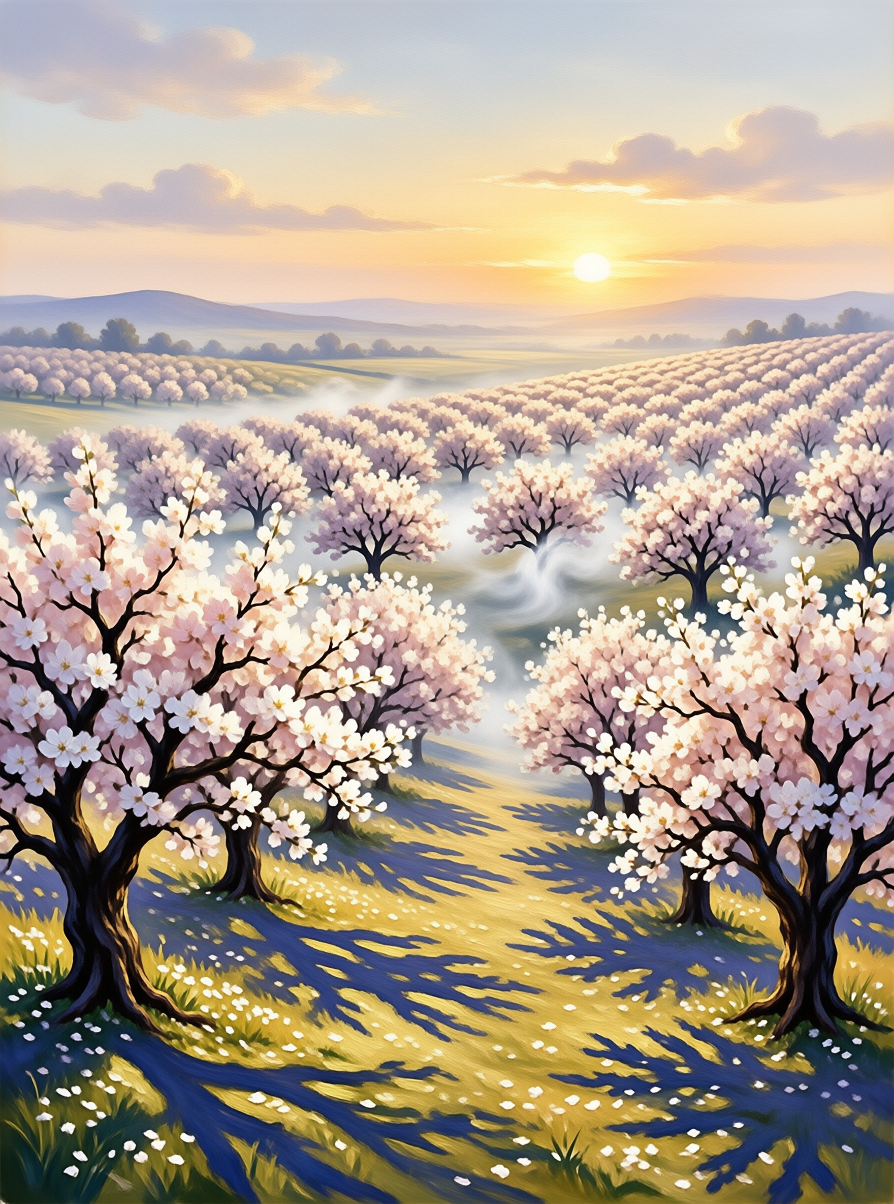 Rows of blooming pink trees stretch across a misty valley floor while a bright sun sets over distant hills in the background.