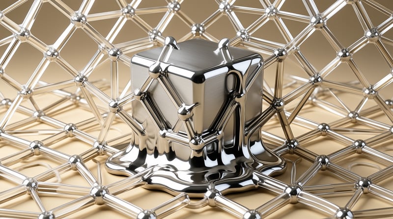 A liquid metal block melts into a shiny puddle while resting on a gold and silver geometric wireframe lattice.