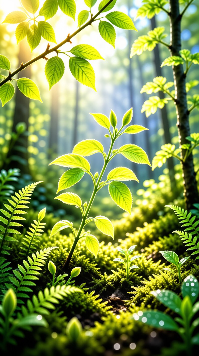A young tree with bright green leaves rises from soft moss as sunlight filters through the forest behind it.