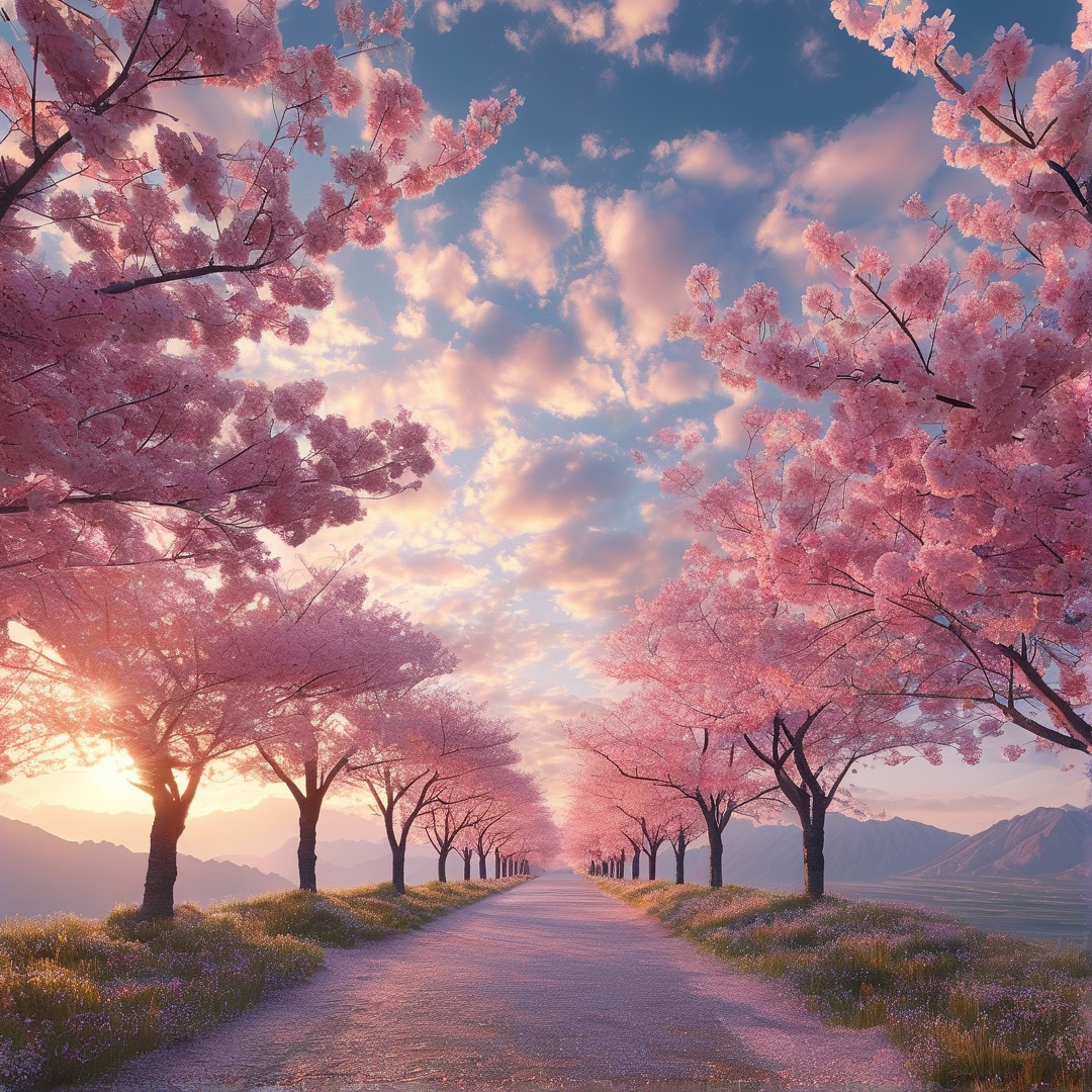 Cherry Blossom Road at Sunset