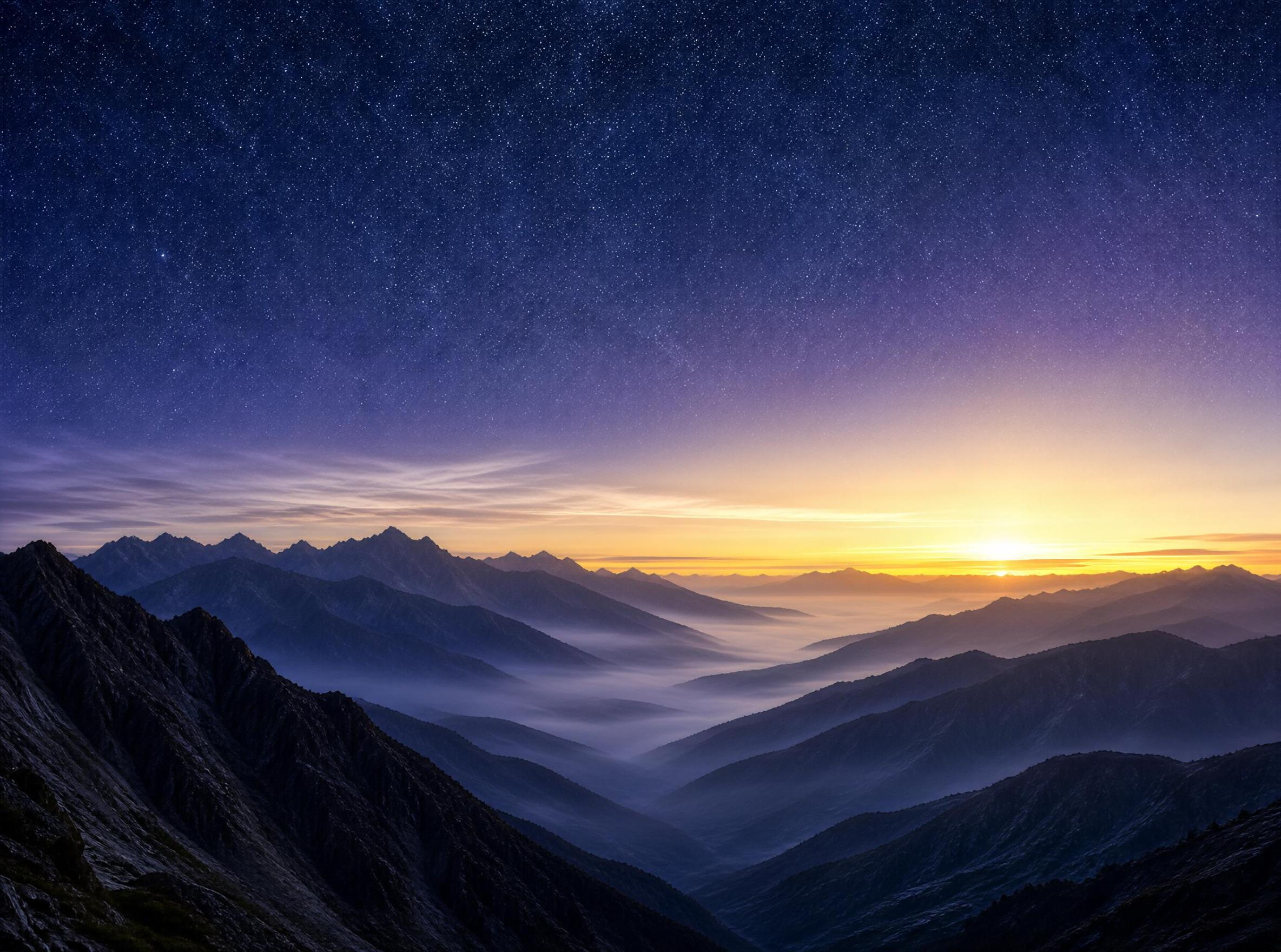 Mountain Sunrise with Starry Sky
