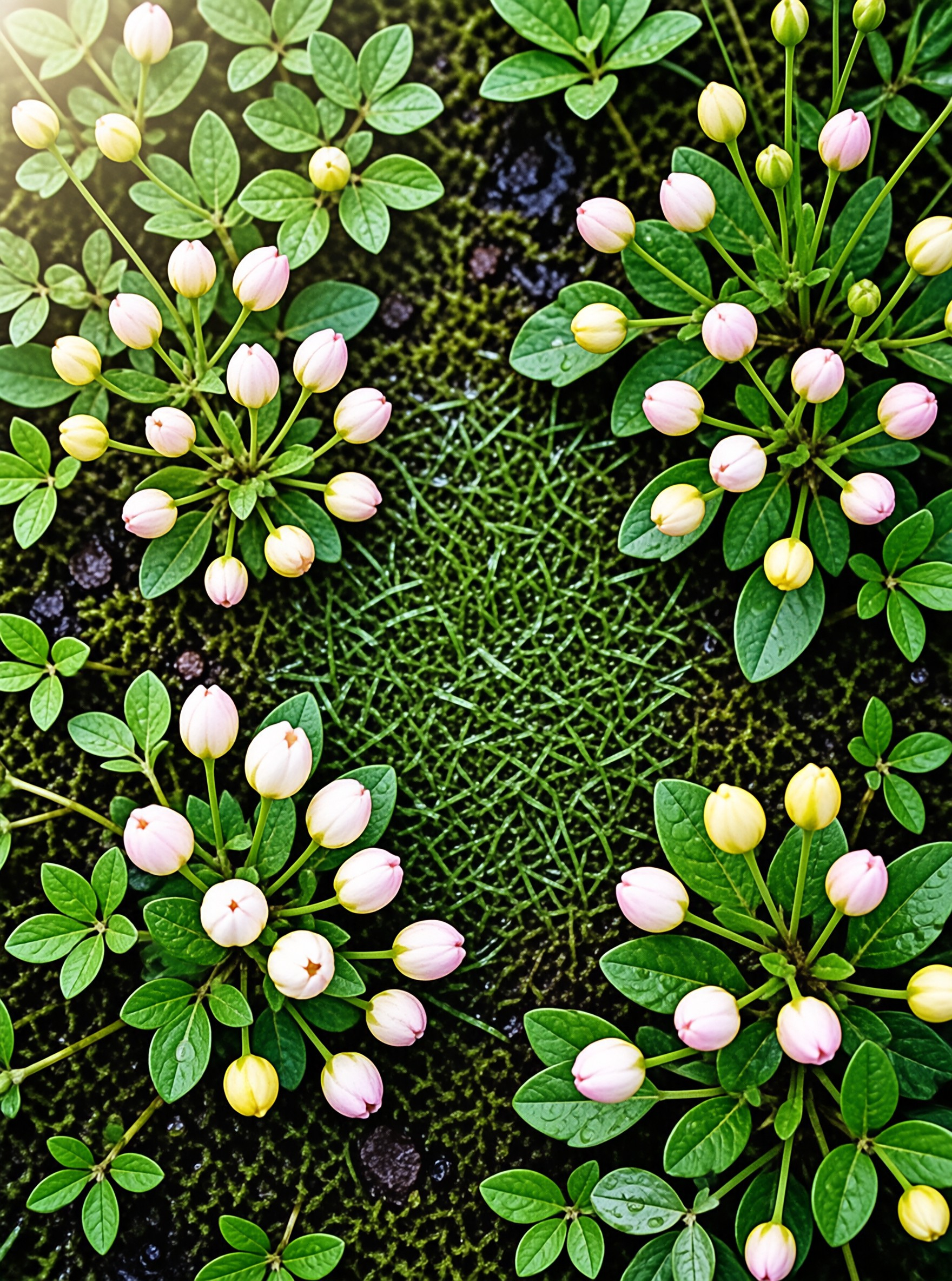 Clusters of pink and yellow flower buds frame a central patch of wet green moss on the ground.