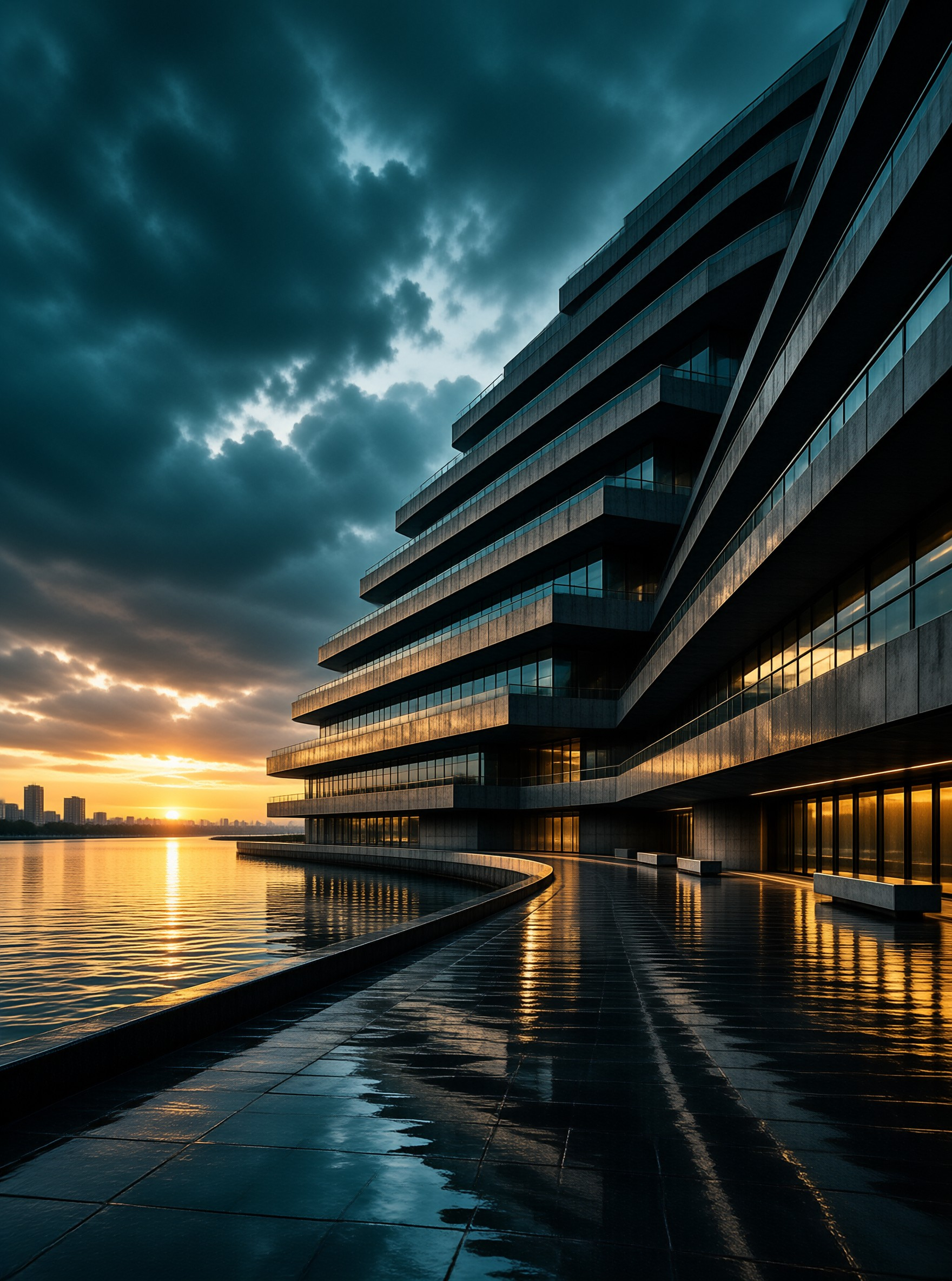 Layered concrete terraces of a waterfront building glow gold as the sun sets over dark water