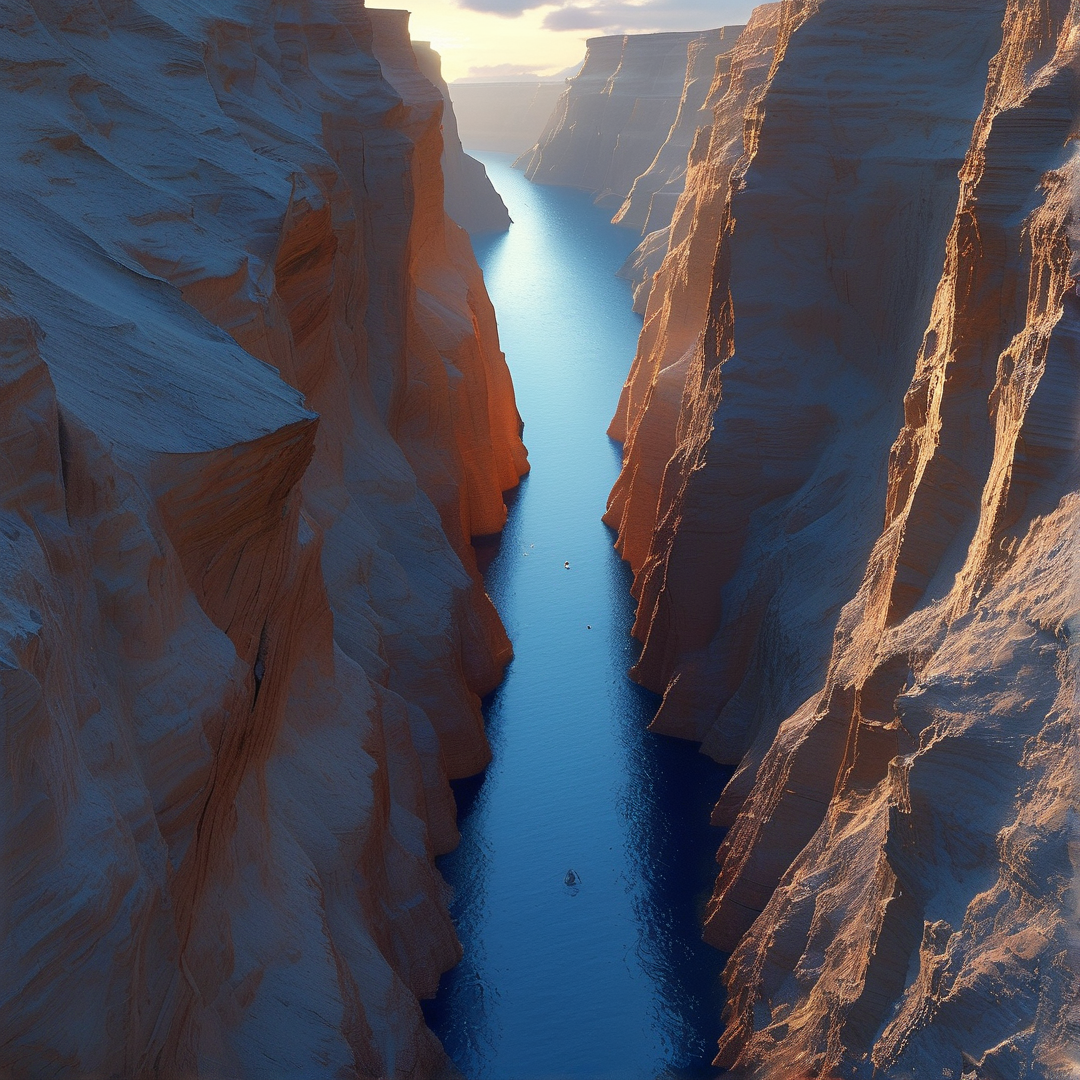 A high angle view of a blue river flowing between tall orange rock formations illuminated by sunlight.
